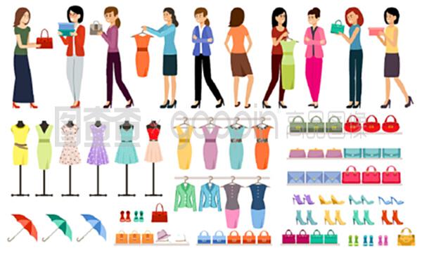 在服装和鞋店购物的一组妇女。矢量平面插图。